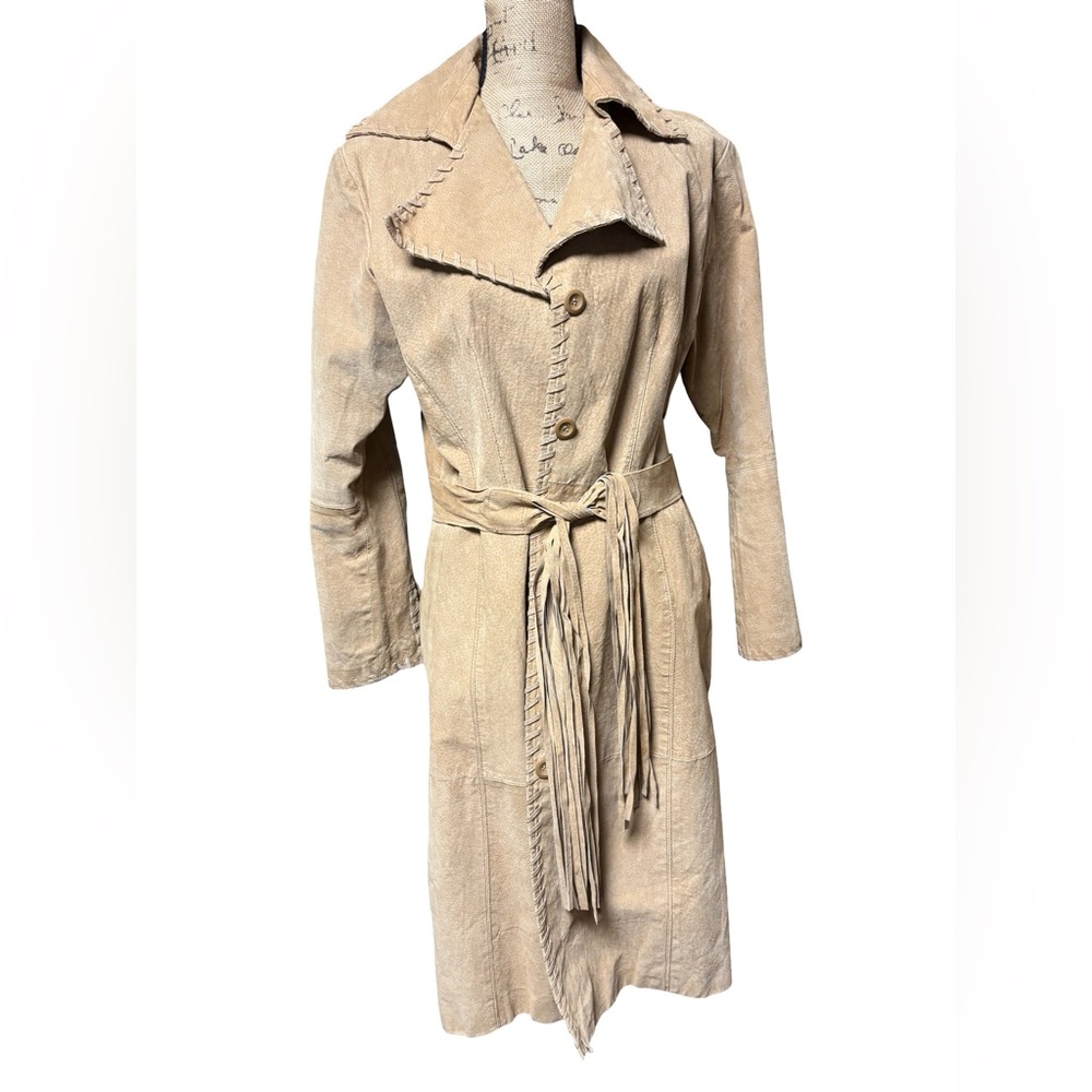 Jennyfer J 100% Leather Long Tan Belted Trench Coat Women size 10